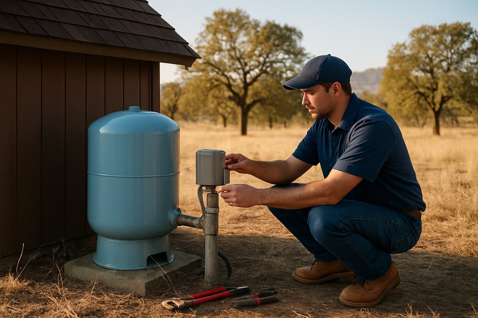 Well pump repair technician servicing a residential water system in Redding California